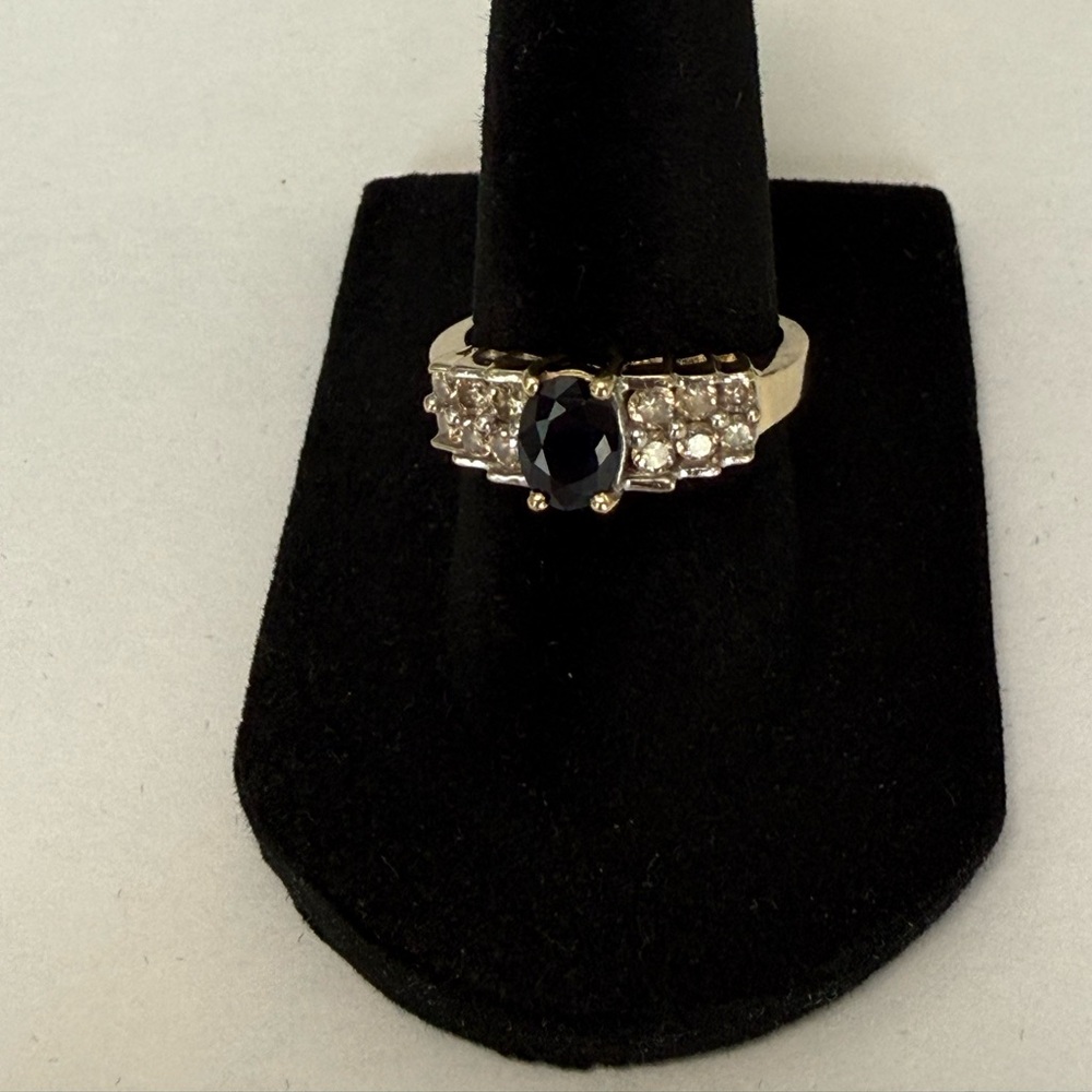 14K Gold Ring with Blue Sapphire Center Stone and Diamonds